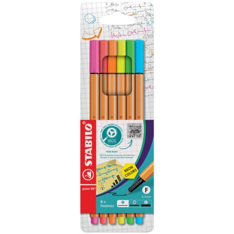 Fineliner Stabilo Point 88® 0,4 mm conf. 6 colori assortiti Neon 88/6-1